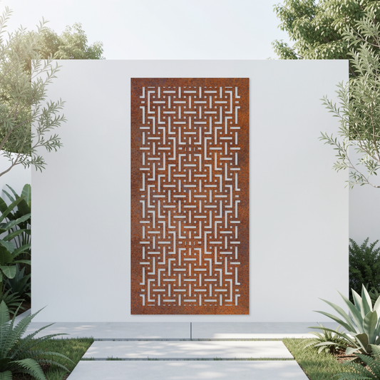 Corten Steel Garden Screen - Woven Grid Pattern Design