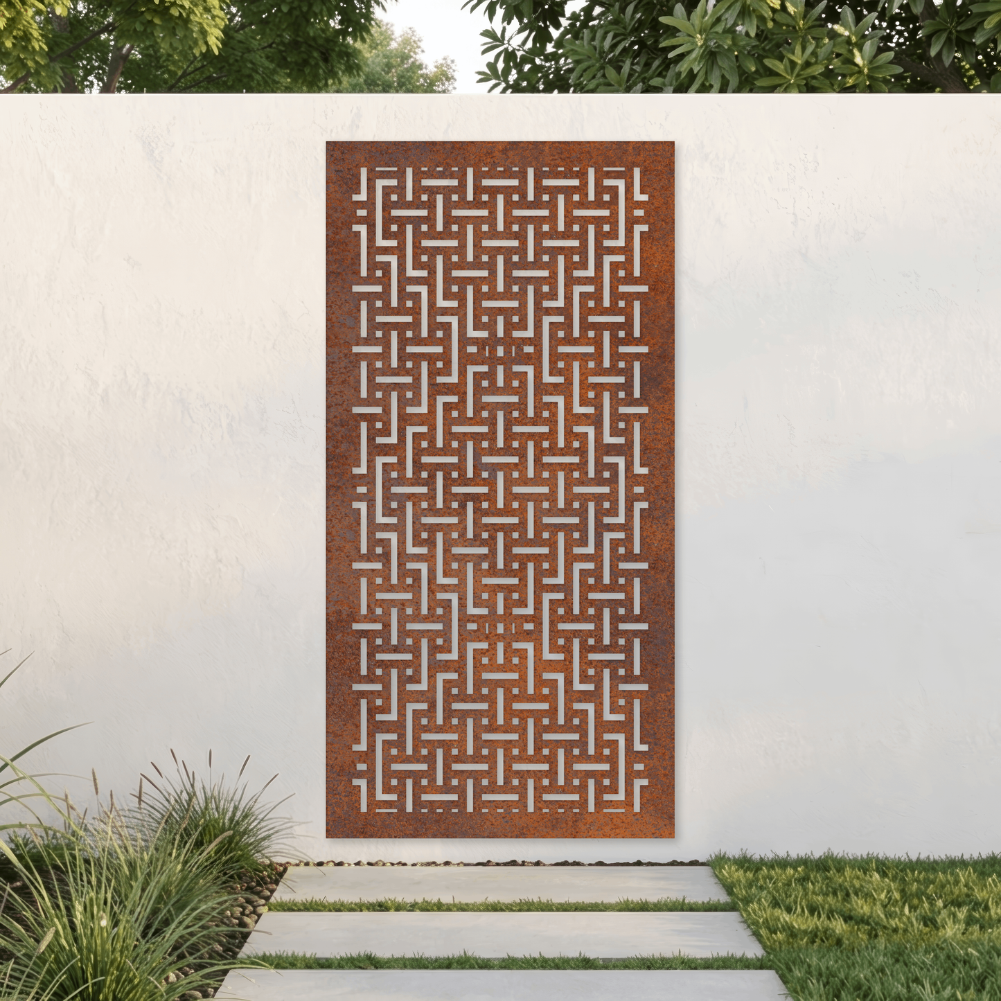 Corten Steel Garden Screen - Woven Grid Pattern Design