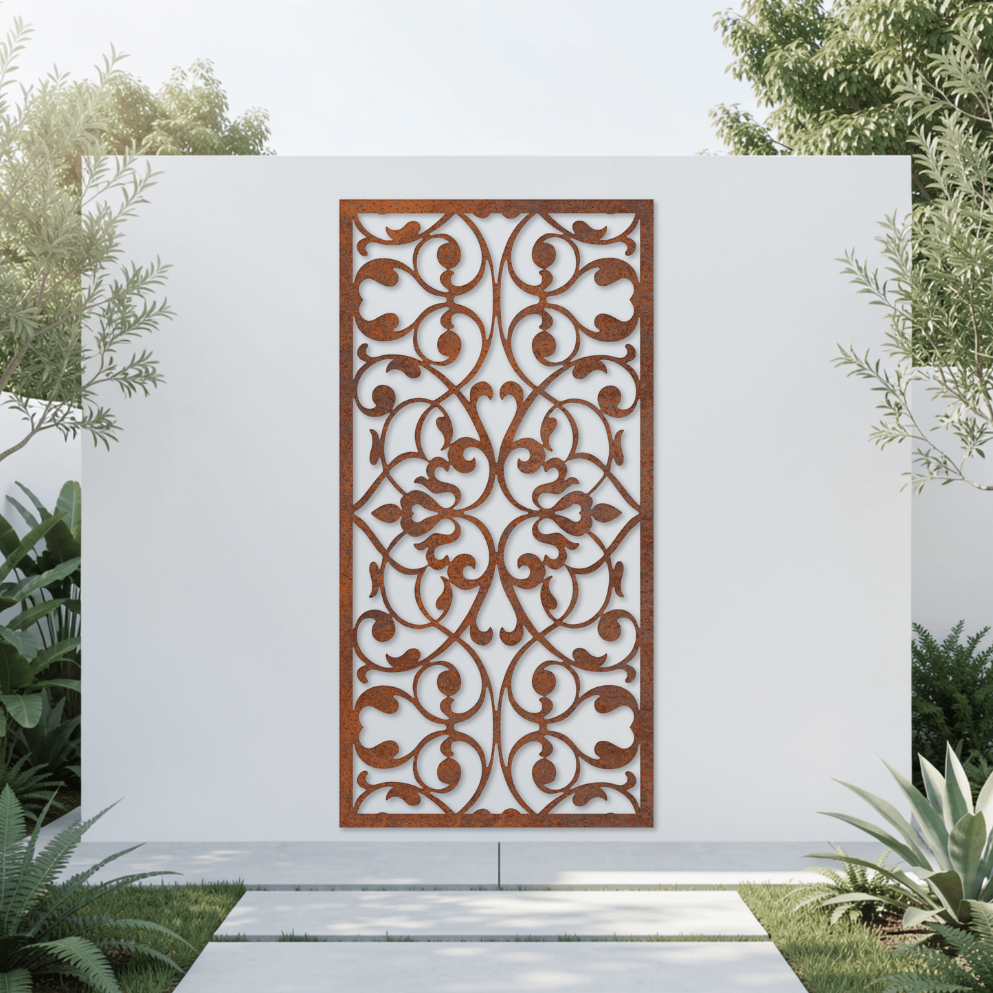 Corten Steel Garden Screen - Elegant Scroll Design