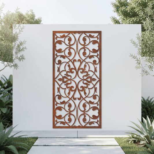 Corten Steel Garden Screen - Elegant Scroll Design