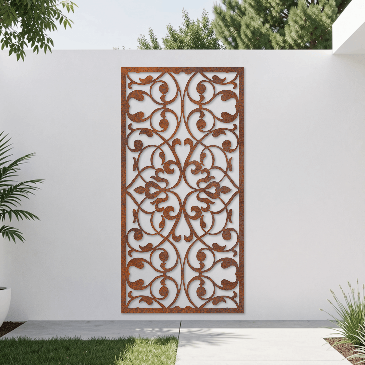 Corten Steel Garden Screen - Elegant Scroll Design