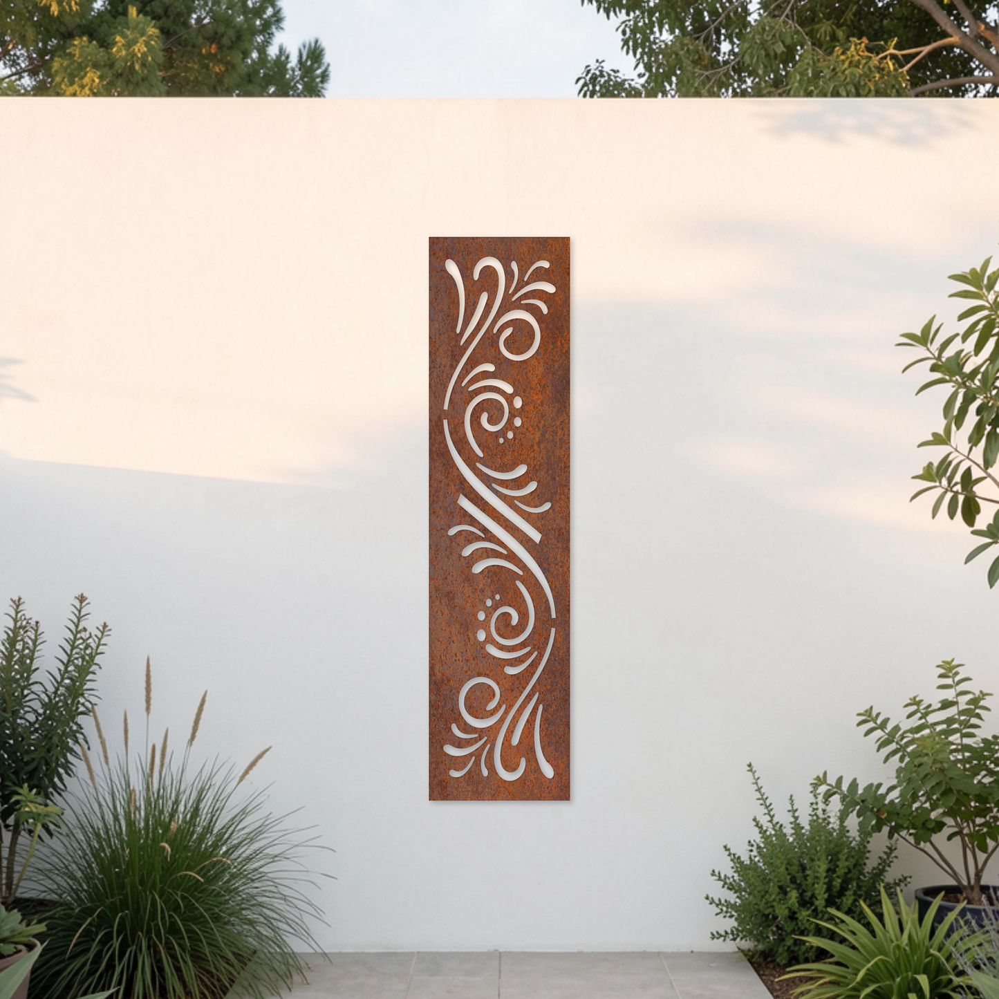 Corten Steel Garden Screen - Ornamental Swirl Design