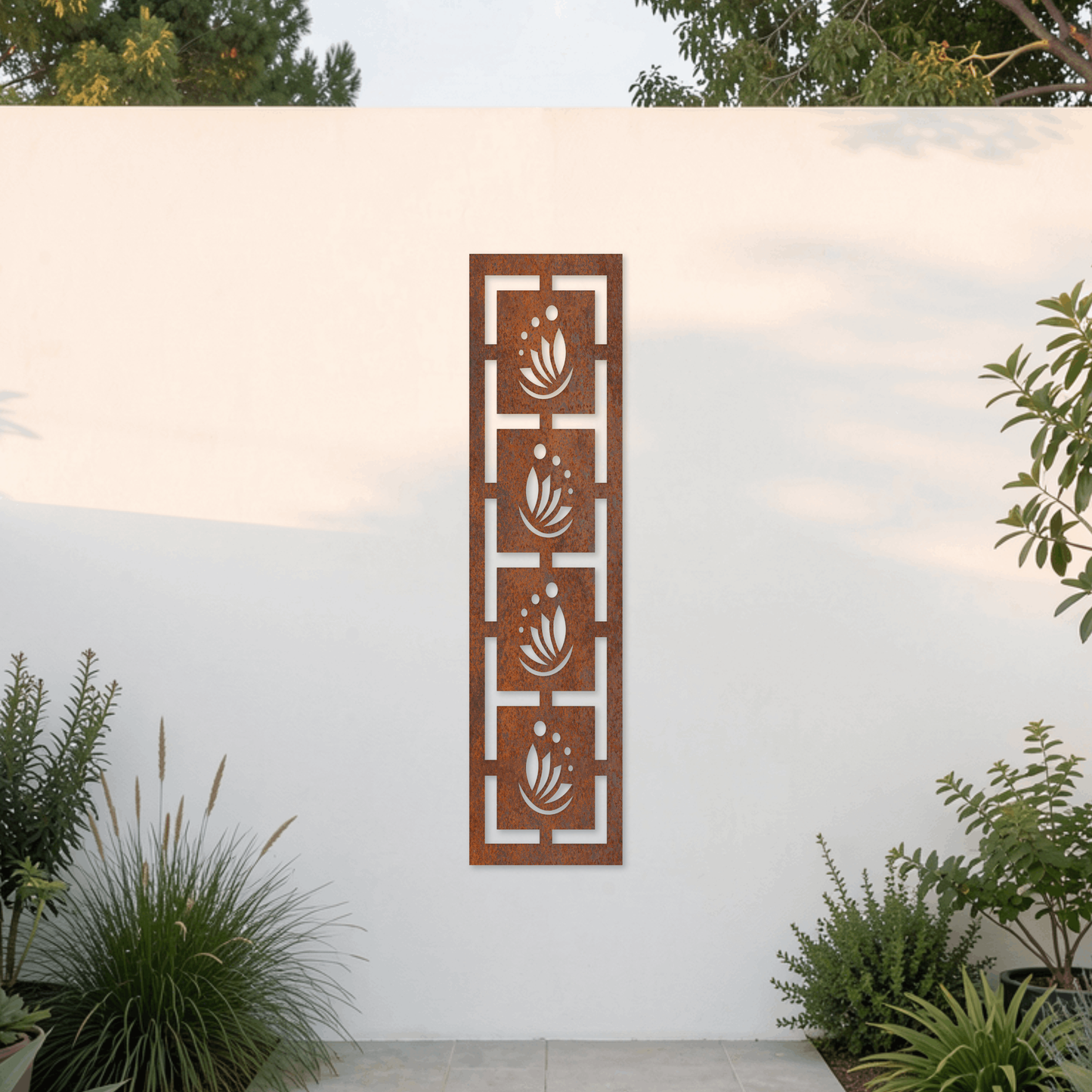 Corten Steel Garden Screen - Lotus Tile Design