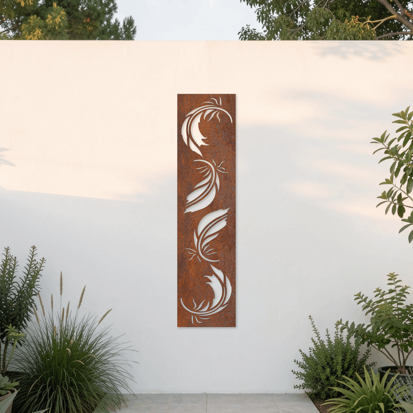 Corten Steel Garden Screen - Curved Feather Design