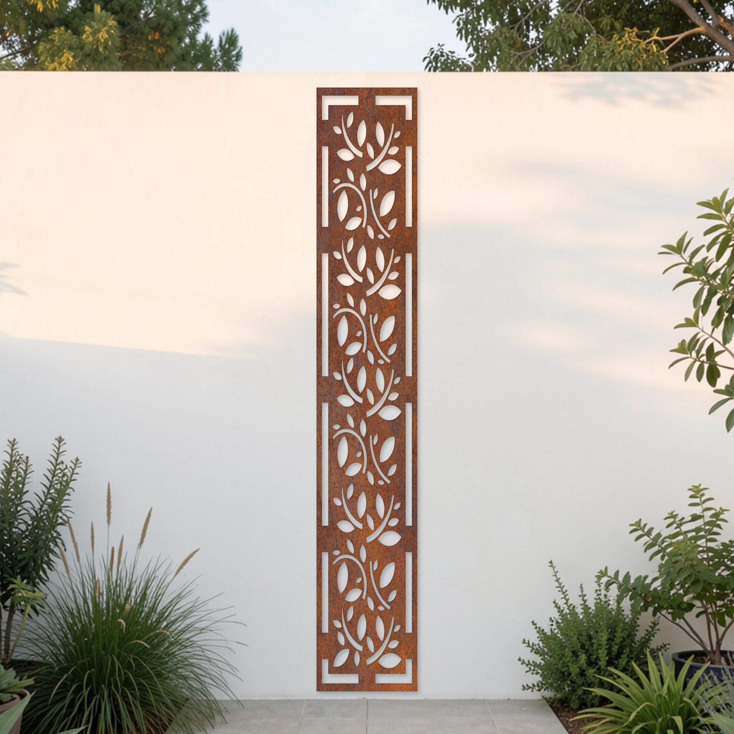 Corten Steel Garden Screen - Leaf Vine Design