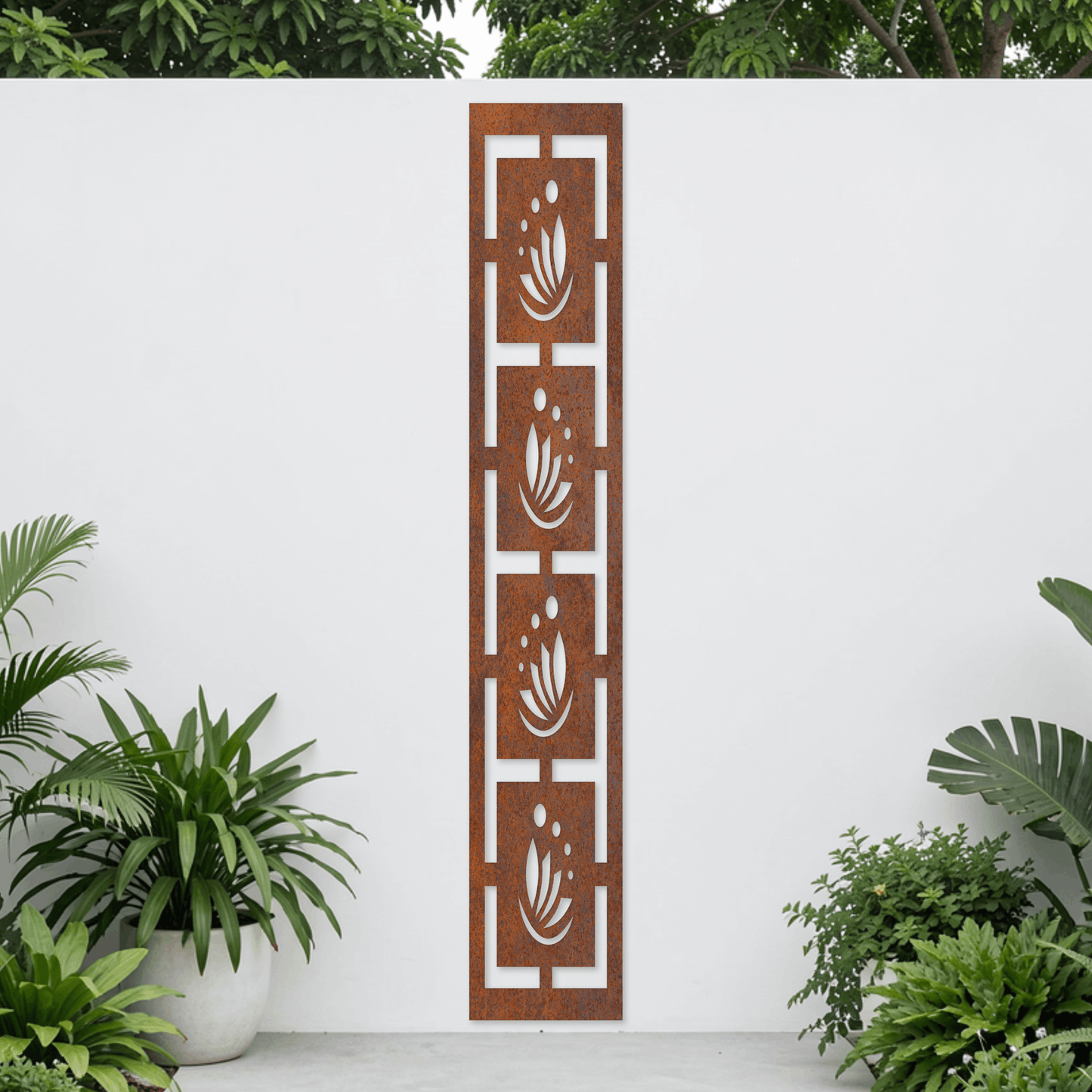 Corten Steel Garden Screen - Lotus Tile Design
