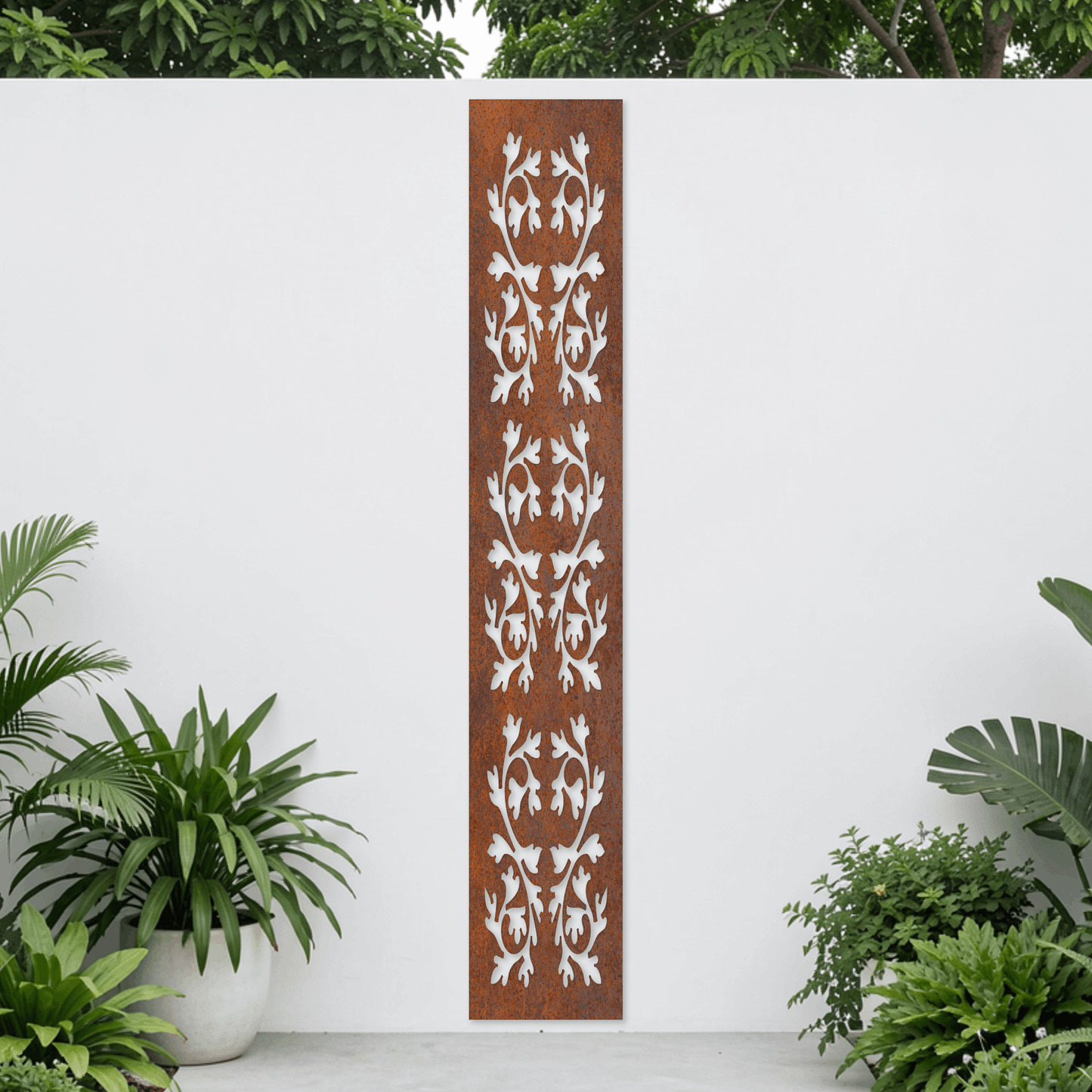 Corten Steel Garden Screen - Ornamental Leaf Design