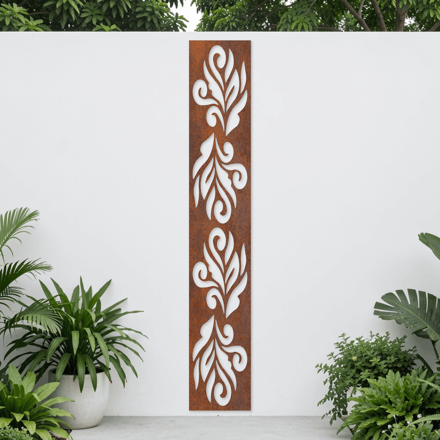 Corten Steel Garden Screen - Flowing Leaf Scroll Design