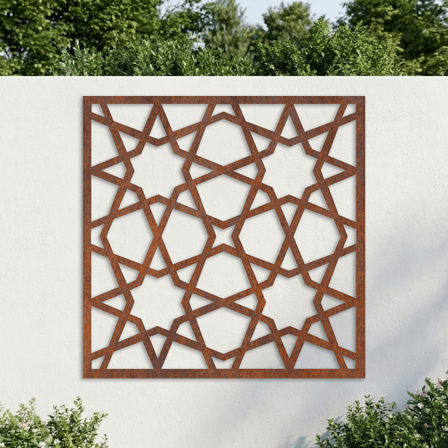 Corten Steel Decorative Garden Wall Panel - Geometric Star Lattice Design