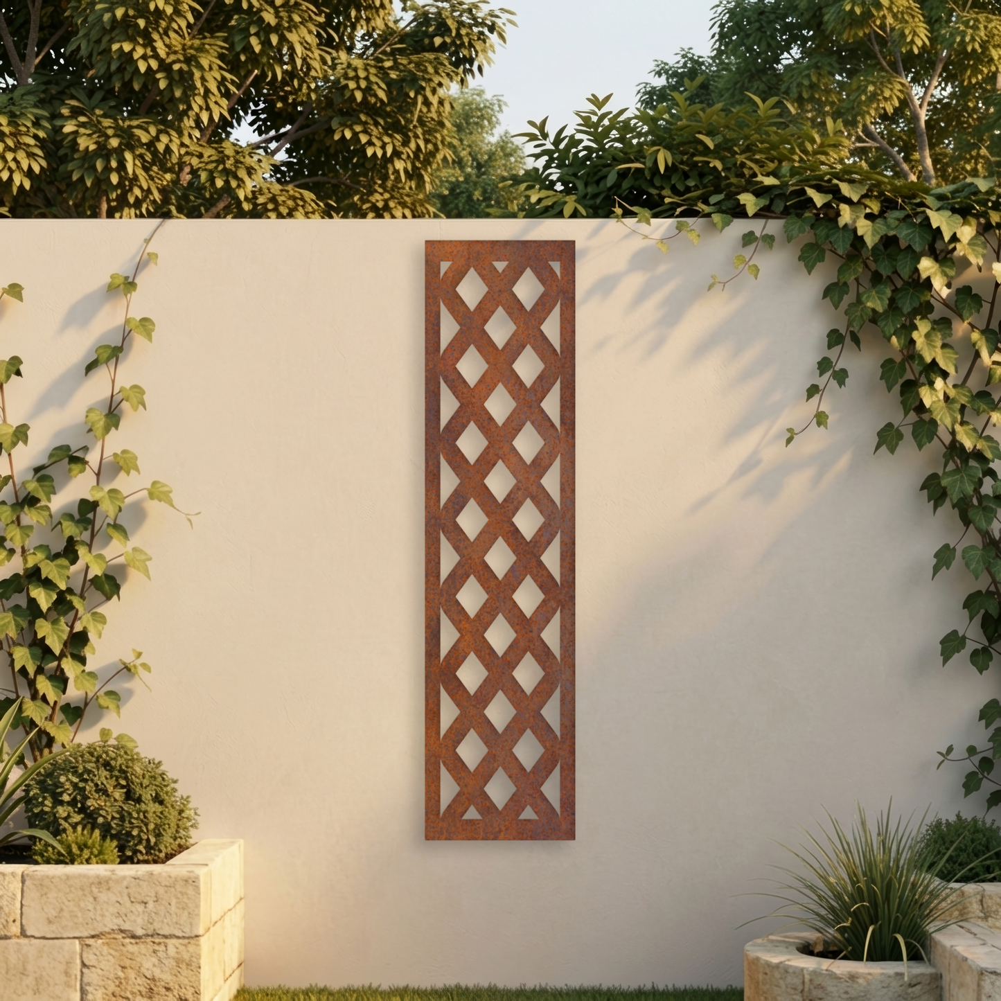 Corten Steel Decorative Garden Trellis Panel - Diamond Lattice Design
