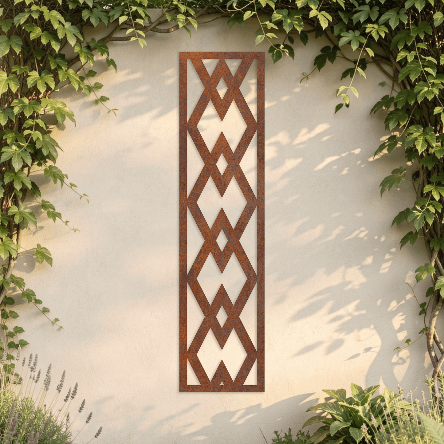 Corten Steel Decorative Garden Trellis Panel - Diamond Weave Design