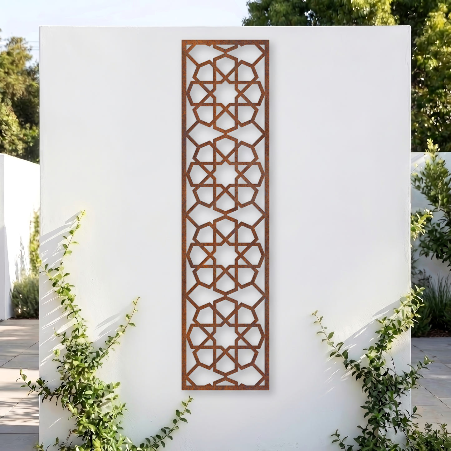 Corten Steel Decorative Garden Trellis Panel - Geometric Star Lattice Design