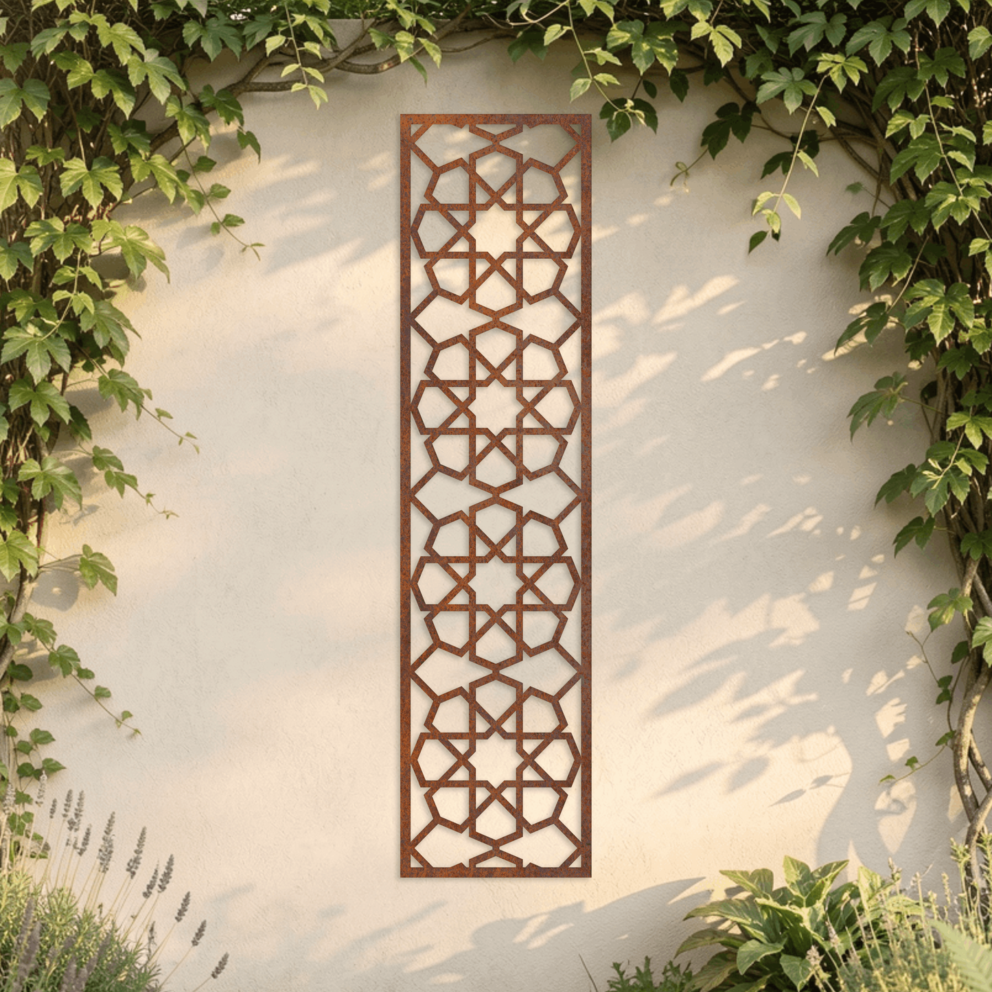 Corten Steel Decorative Garden Trellis Panel - Geometric Star Lattice Design