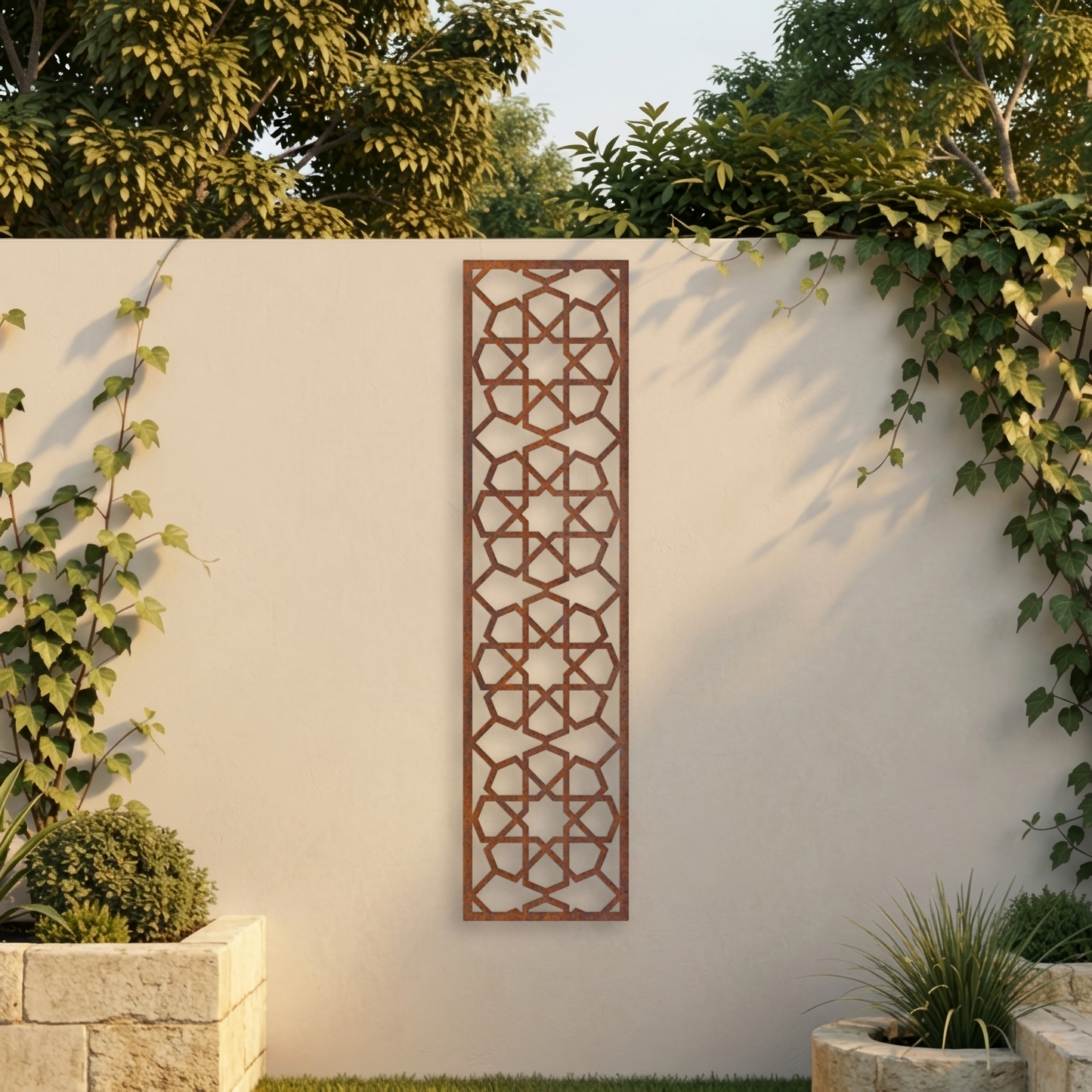 Corten Steel Decorative Garden Trellis Panel - Geometric Star Lattice Design